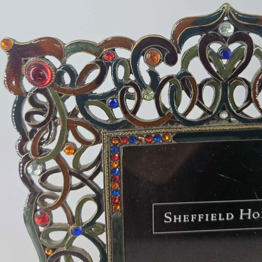 Vintage Ornate Jeweled Sheffield Home enamel Metal Filigree Photo Picture Frame